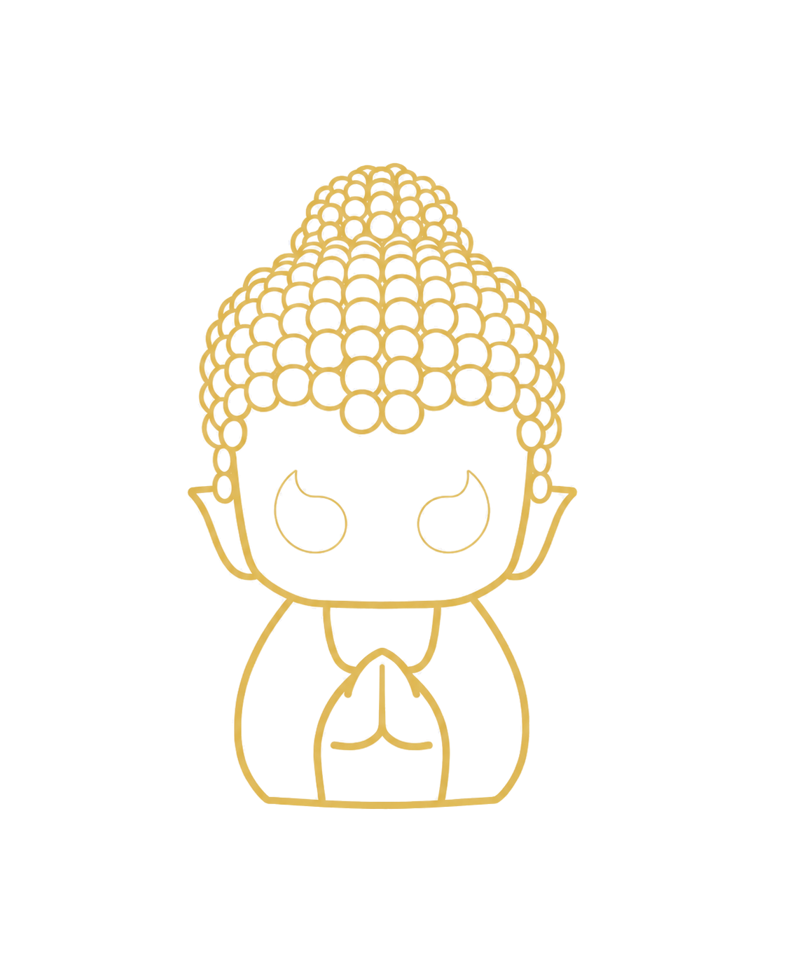 Line-art illustration of the 3MAGIC Buddha figurine, hands joined at the heart